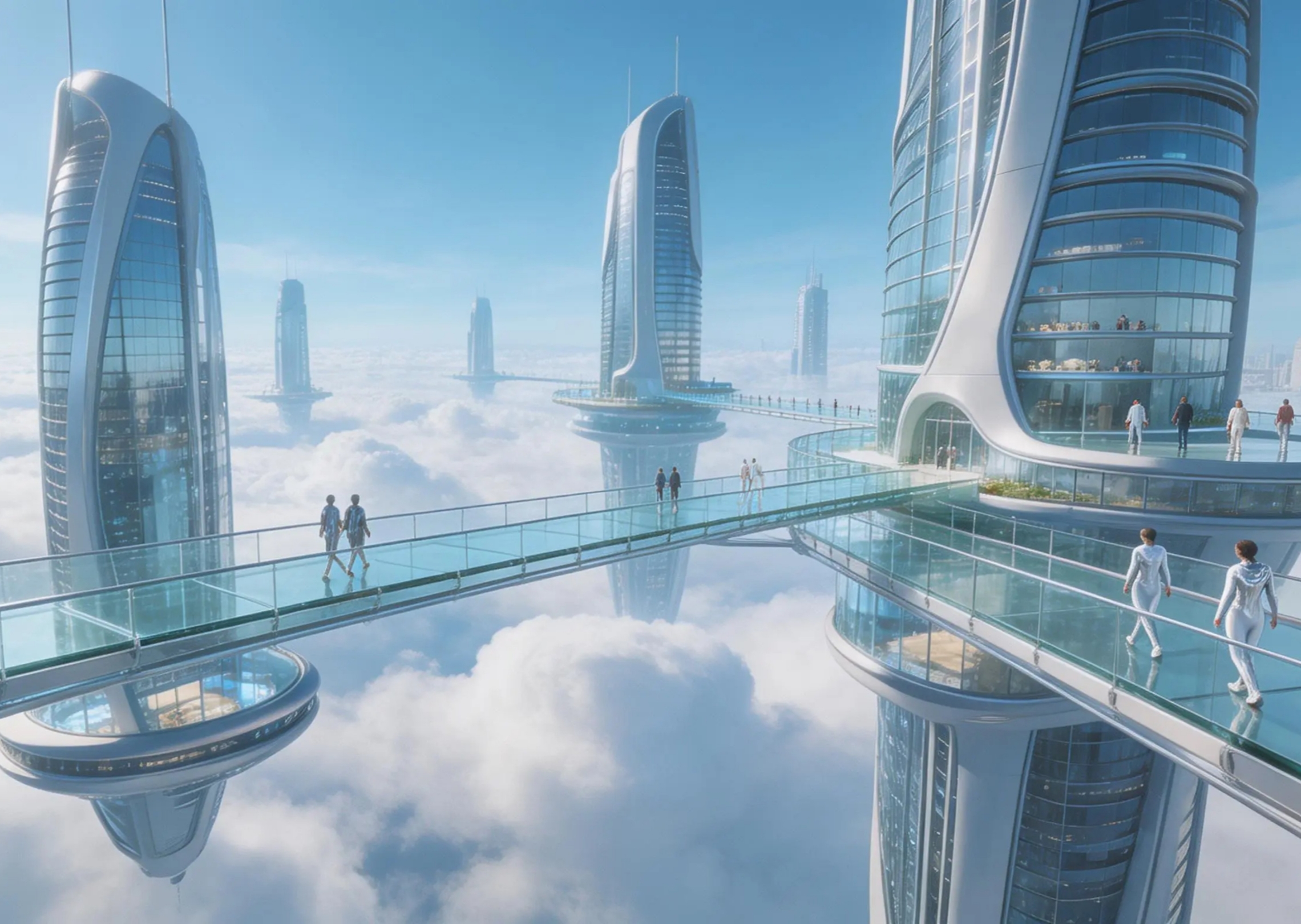 Video de ciencia ficción aérea de una ciudad del cielo a gran altitud conectada por un puente de cristal