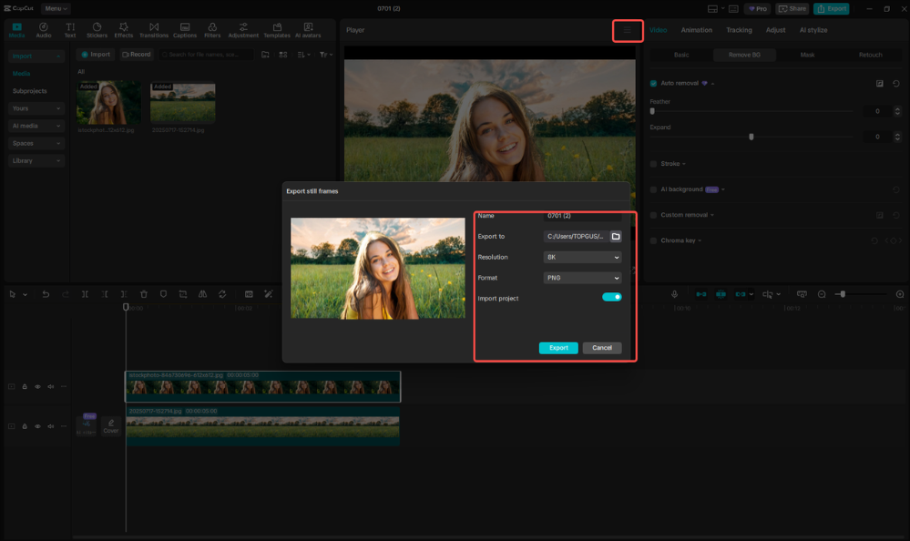 Exporting the image with a new background in CapCut