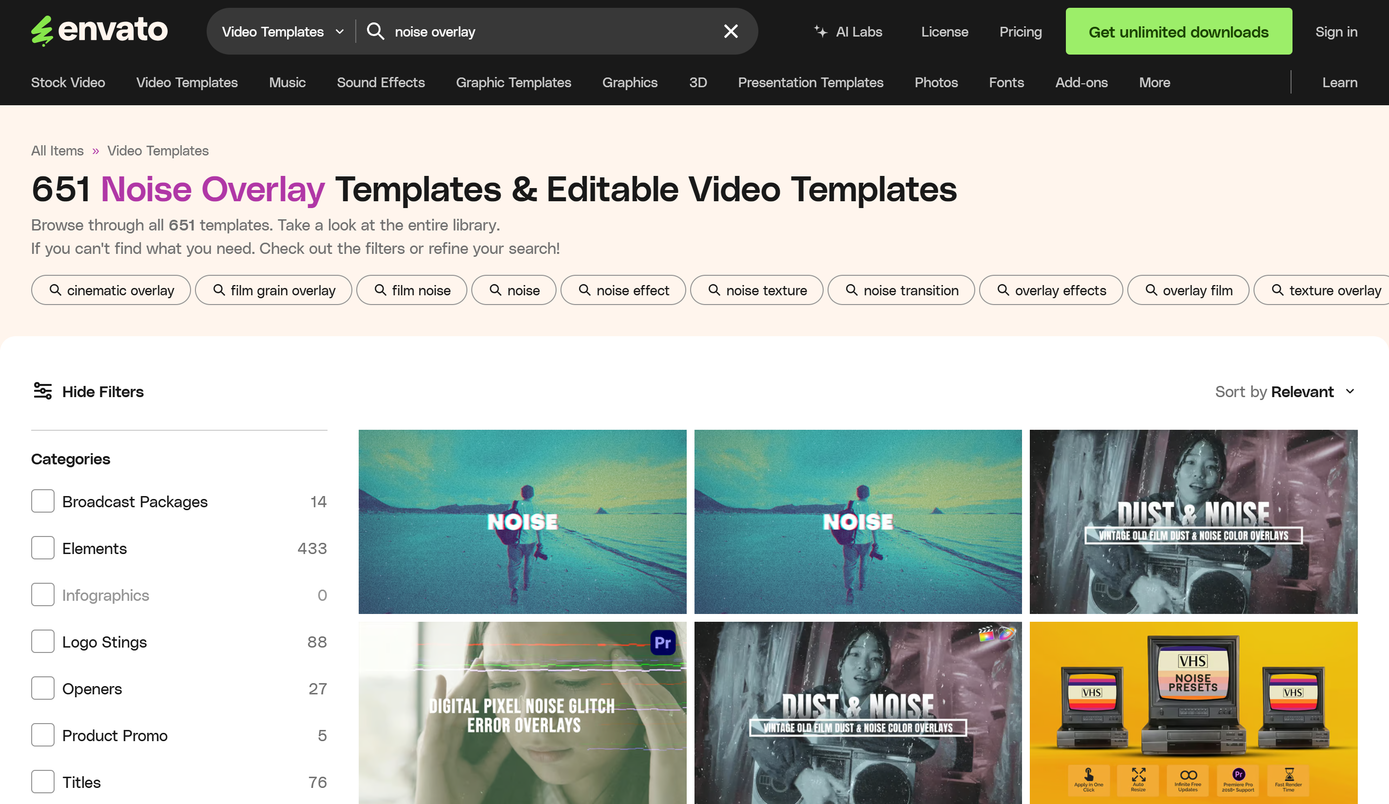 Top 5 websites to download film noise overlay: Envato Elements