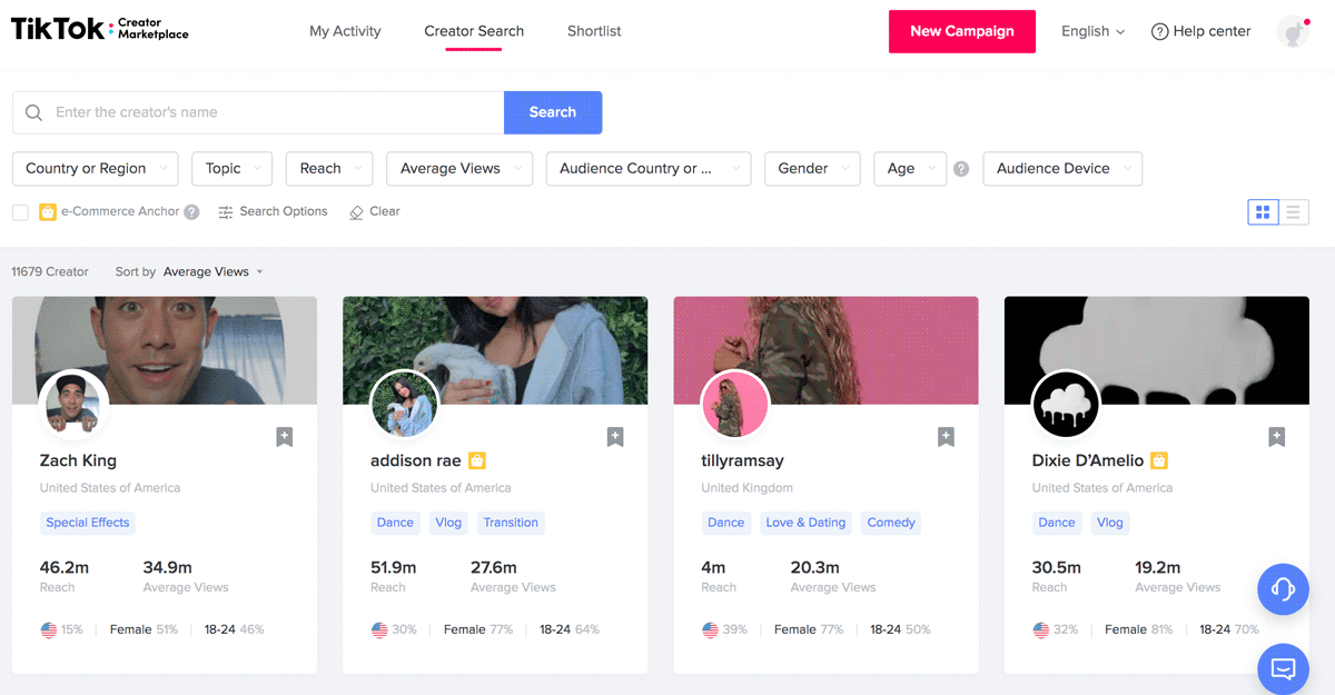 Interface do TikTok creator marketplace