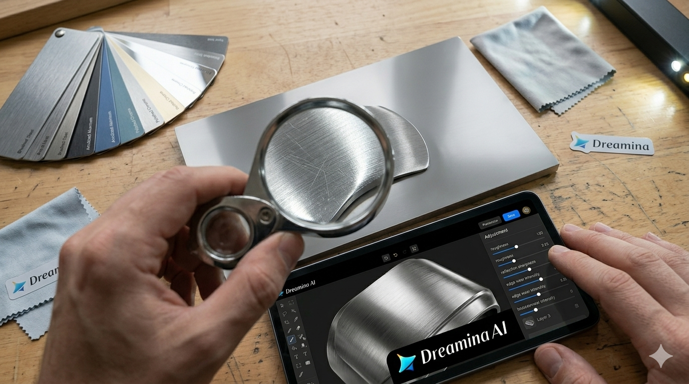 Dreamina AI genererar fotorealistiska metallstrukturer med exakta spegelreflektioner, ytjämnhetskontroll och kantslitage för borstat stål och polerat krom.