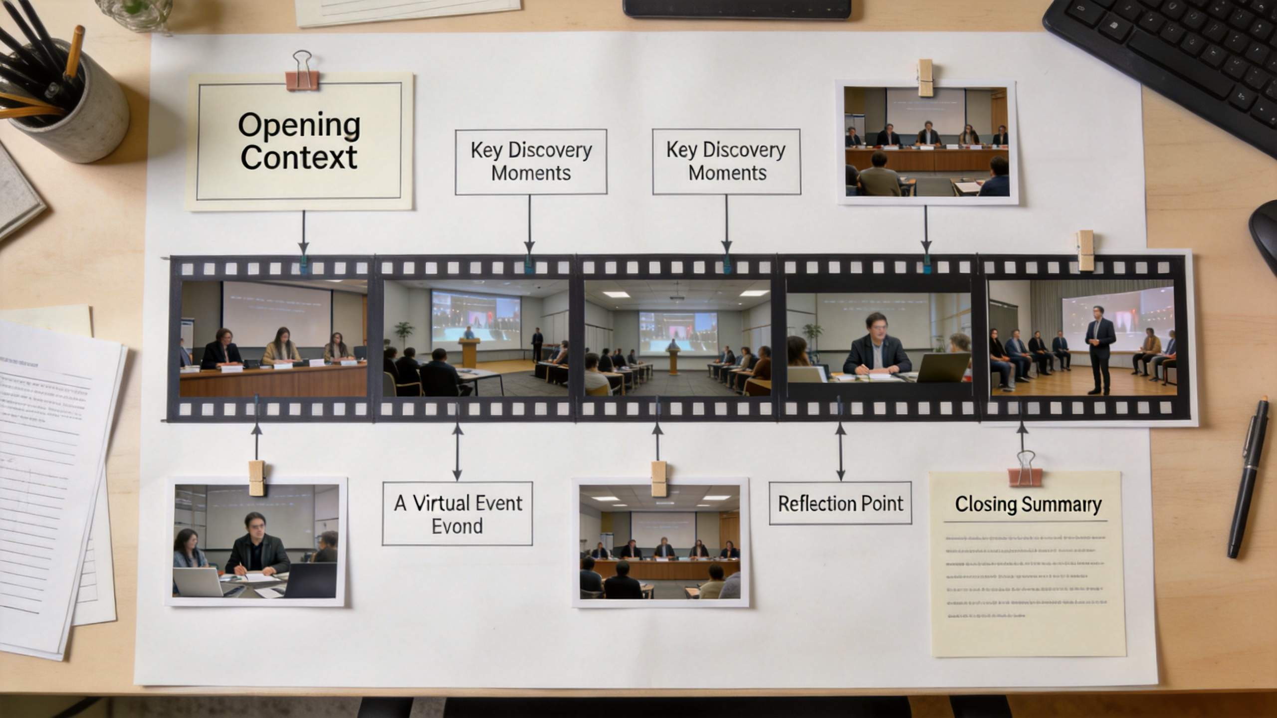 Filmstrip-style recap layout with labels for opening context, key moments, reflection point, and closing summary