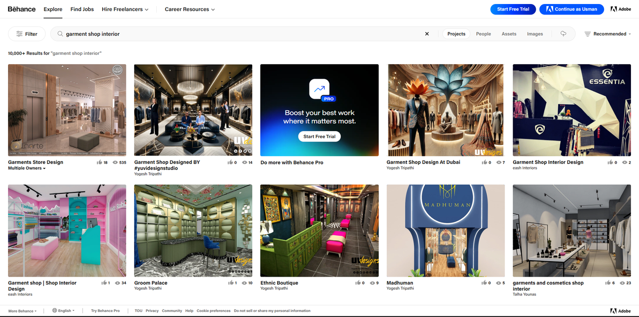 Interface of Behance - a site with garment shop interior design ideas