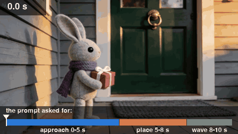 The felt rabbit doll walks to the door carrying a red gift box and crouches to set it on the mat while a marker on a bar along the bottom of the frame is still inside the segment labeled approach 0-5 s. It stands back as the marker crosses into the segment labeled place 5-8 s, waves, and walks off, with a running clock in the top-left corner.