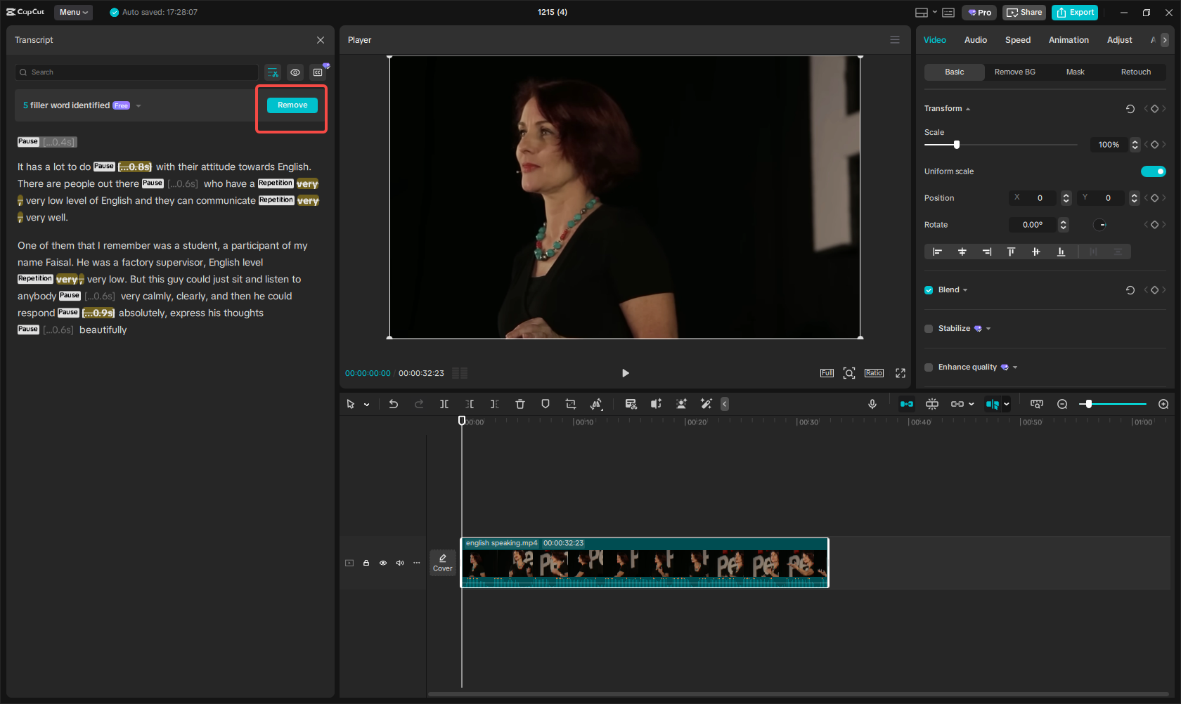 Remove filler words in the video