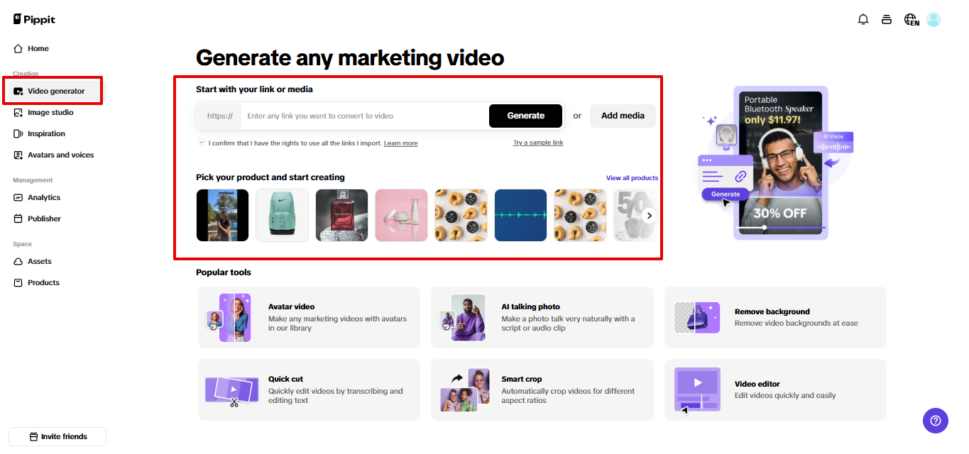 Video generator in Pippit