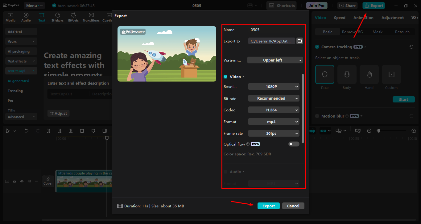 Exporting the animation from the CpaCut desktop video editor