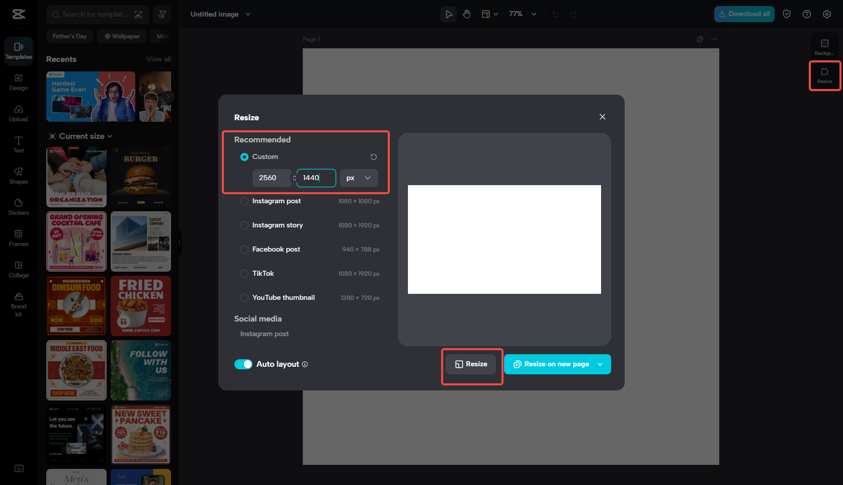 Resize the canvas size in CapCut