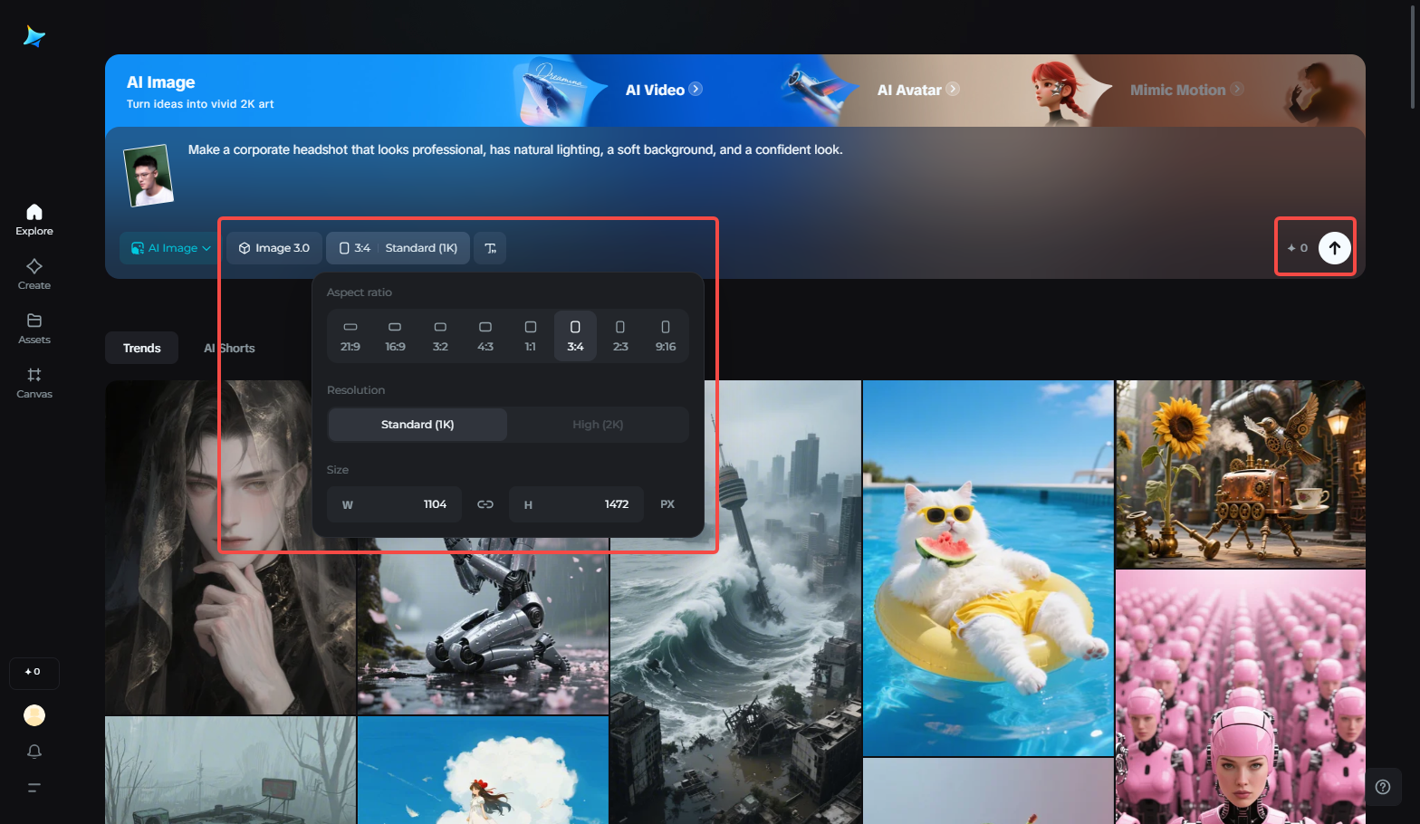 Choose the model and aspect ratio