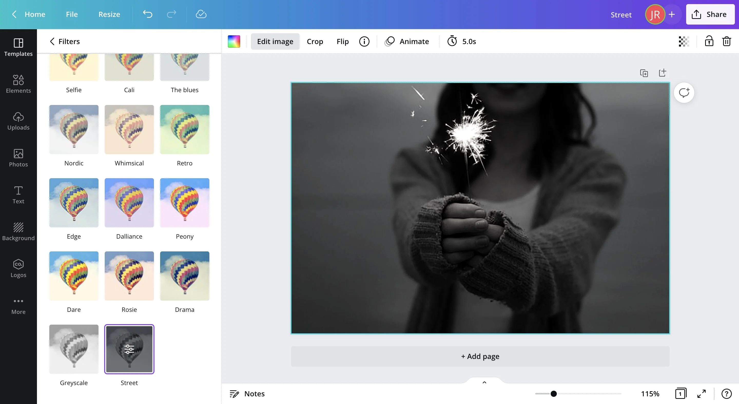 Interface of Canva - an online tool with free photo filters