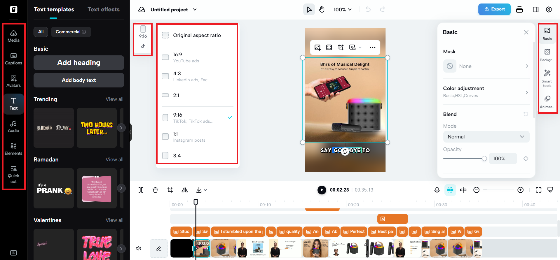 Editing options on either side of canvas