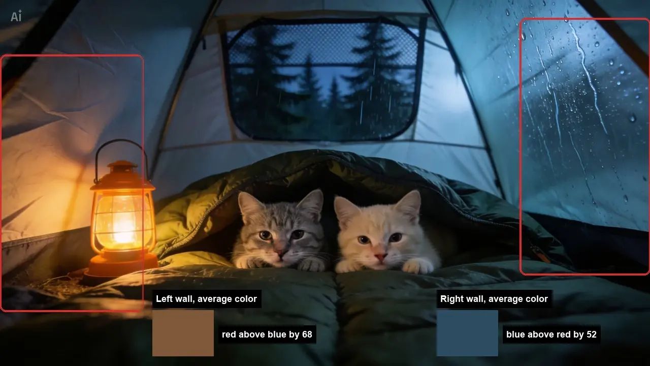 Two cats nestled in a sleeping bag inside a rainy tent beside a glowing lantern.