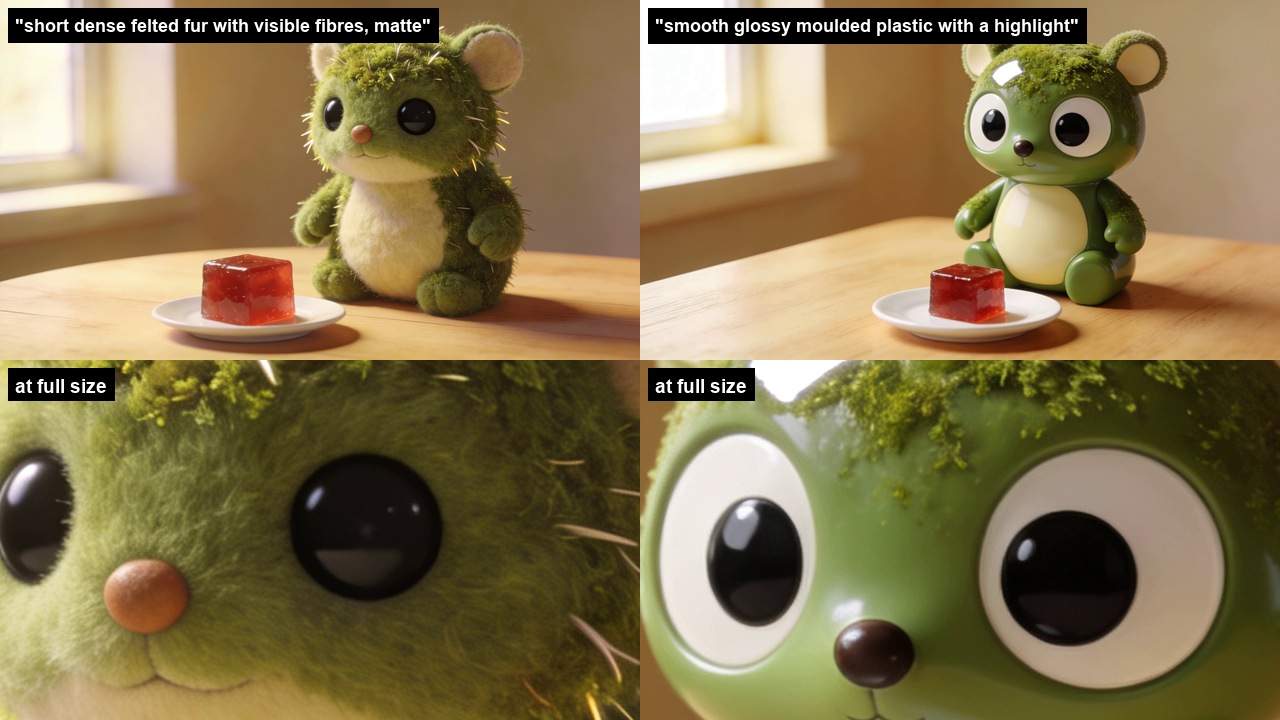 Two versions of the creature side by side, one covered in felted fur with stray fibers, one in glossy green plastic with a highlight on its head, and enlarged crops of each face at full size below.