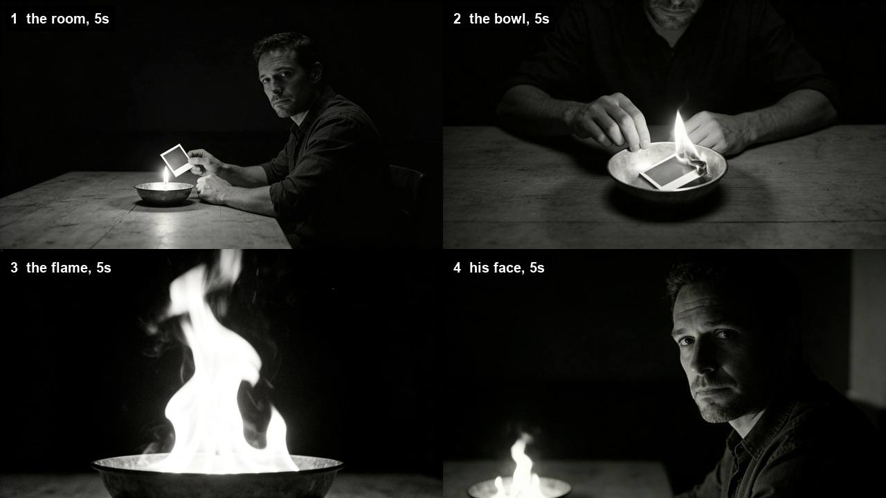 Four black-and-white stills of the same scene at increasing closeness: a man at a table with a lit bowl, his hands and the burning paper, the flame alone, and his face lit from below.