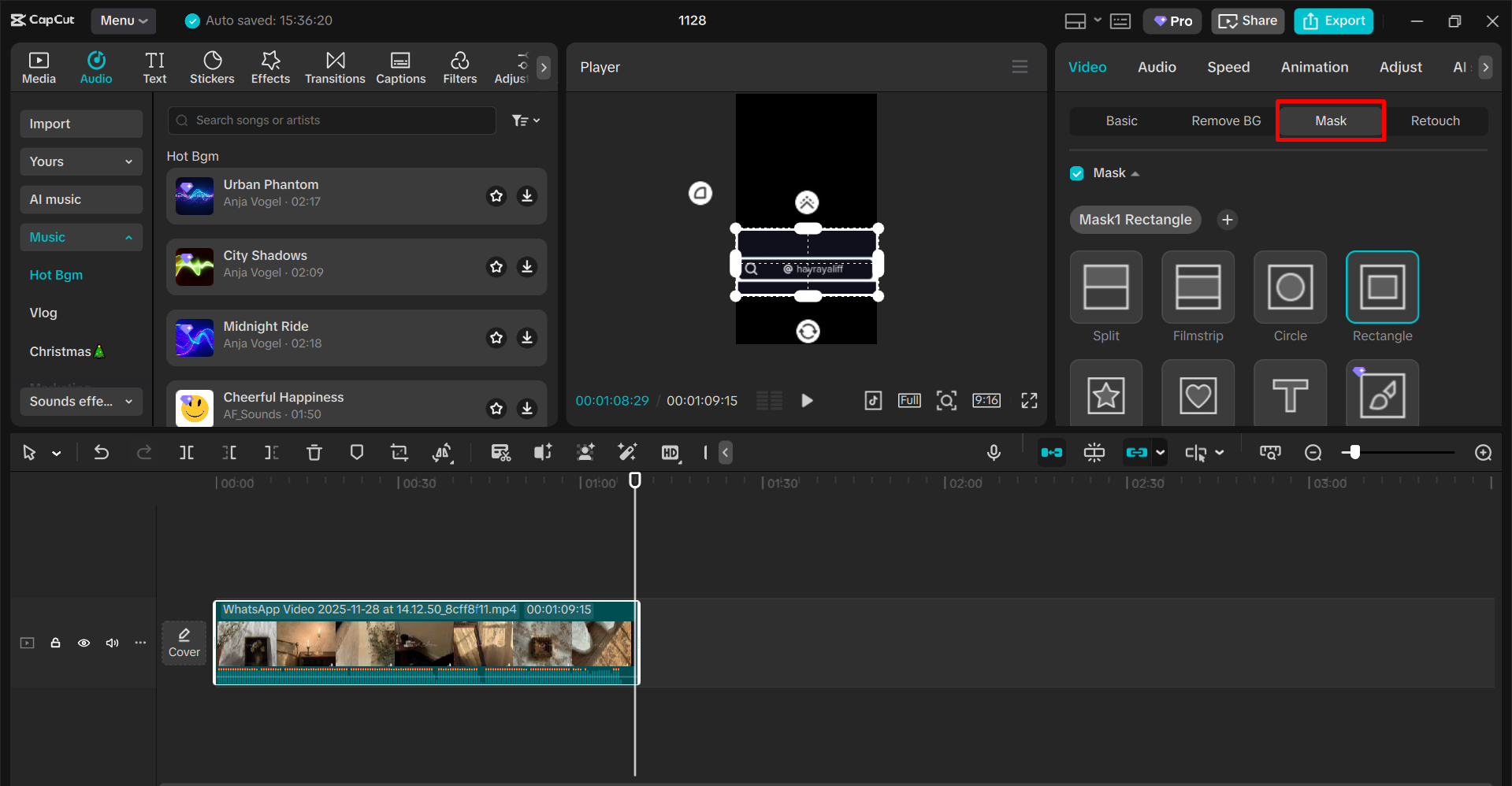 Adding a masking tool in CapCut PC