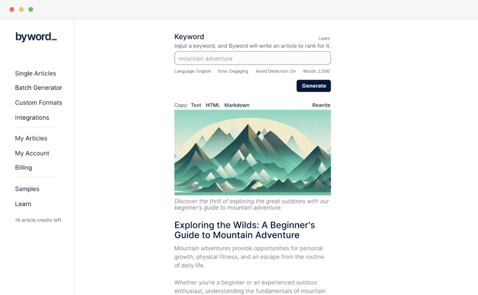 Interface of Byword — one of the best AI blog writer