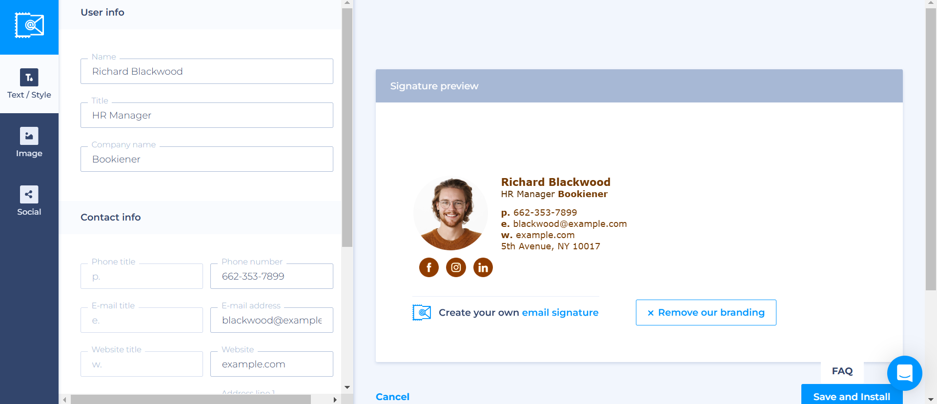 Newoldstamp's email signature interface