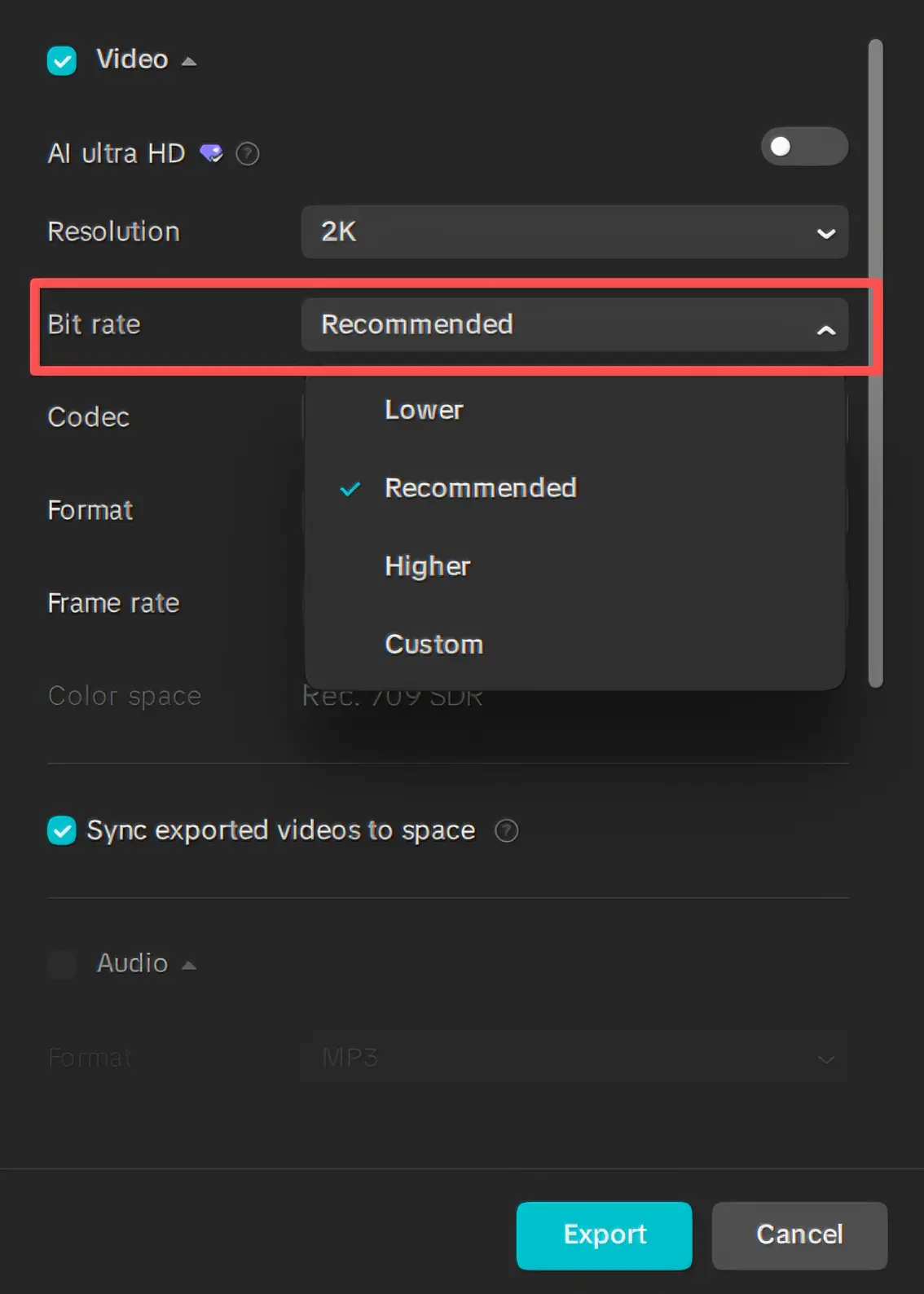Bit rate settings in the CapCut client