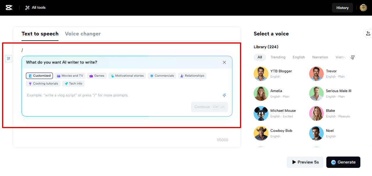 Ang tool ng CapCut Web TTS AI scriptwriter