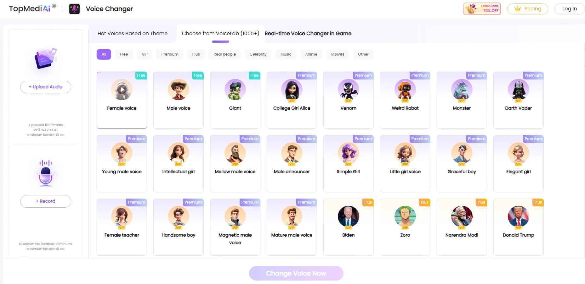 Interafce ng TopMediaai - isa pang libreng online na anime girl voice changer