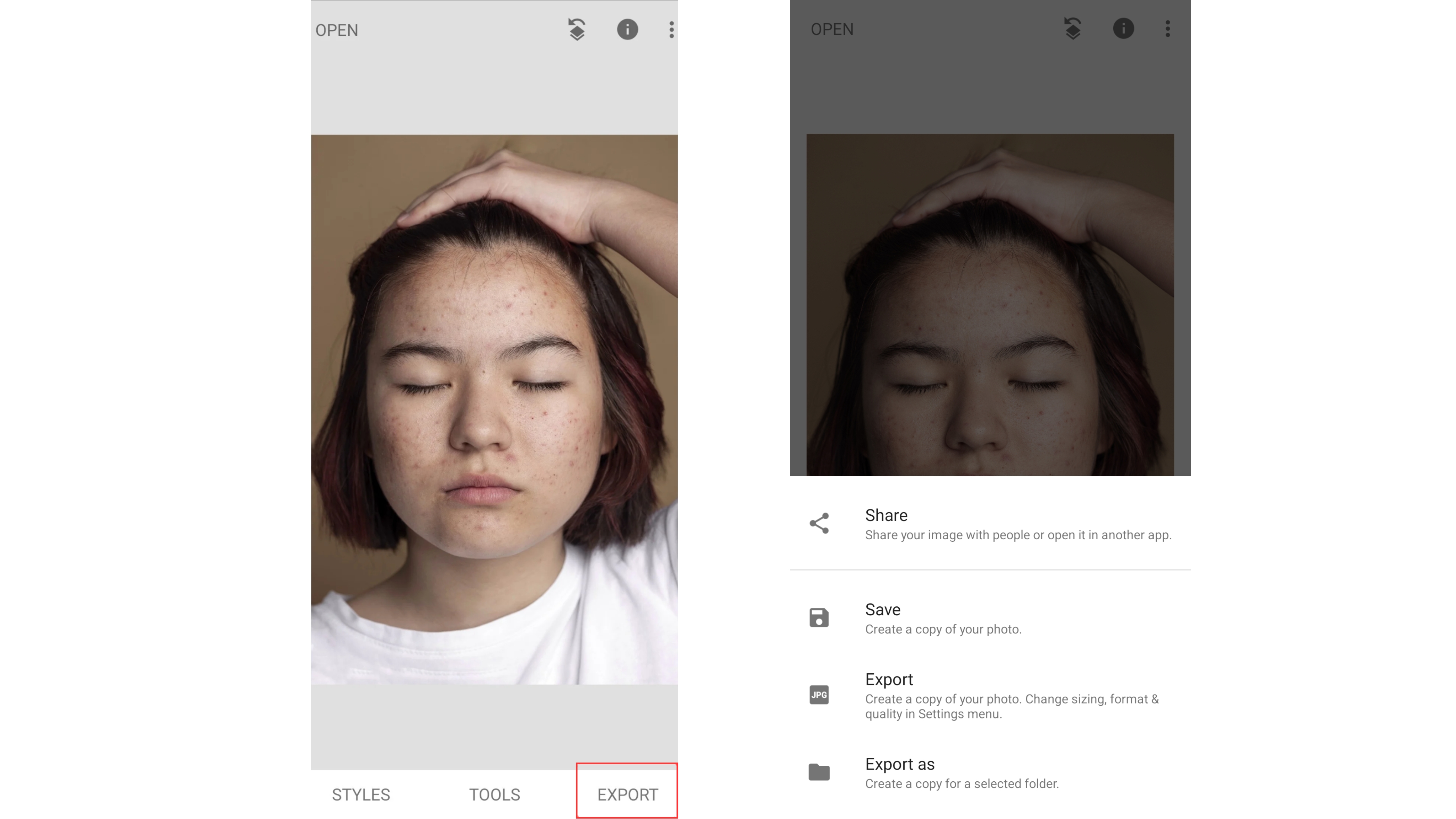 Snapseed - Exportujte svůj profesionálně upravený fotka