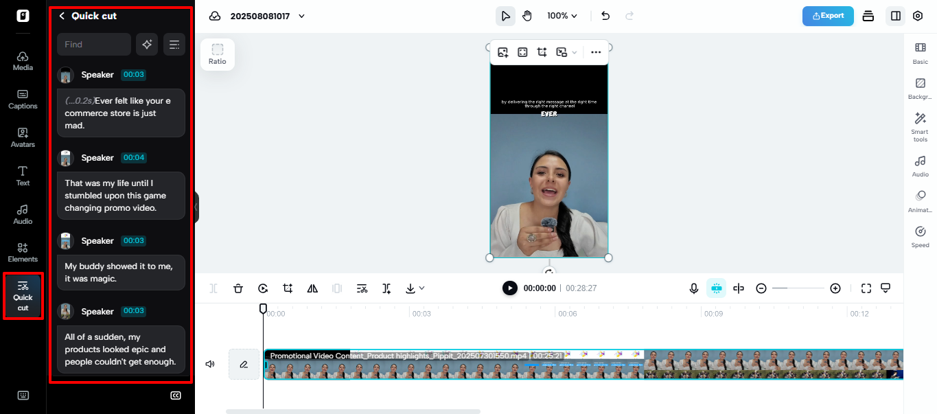 Quick cut for automatic transcription in Pippit