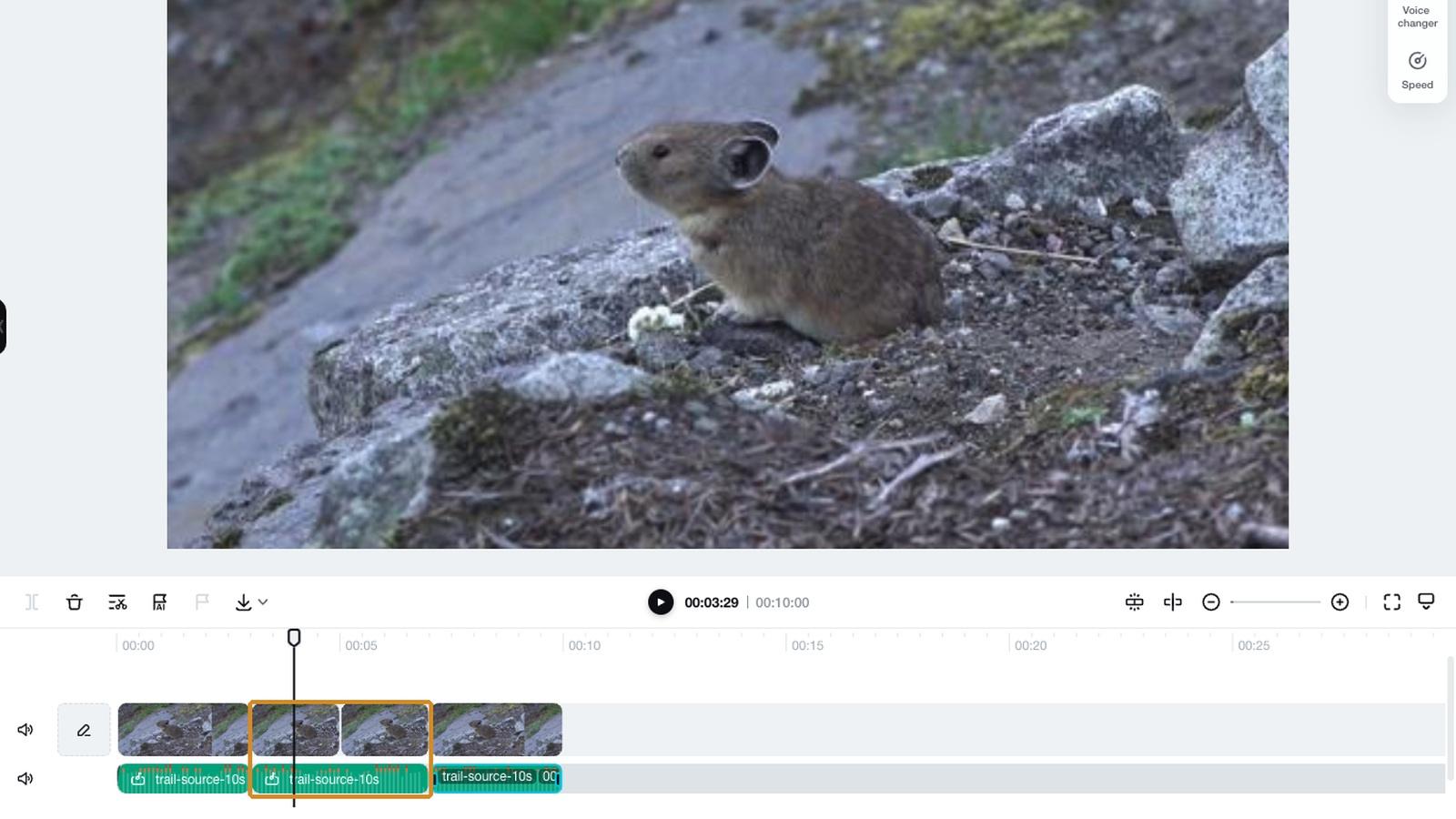 The repaired timeline has two still clips above the highlighted source-audio interval and a later video tail after them.