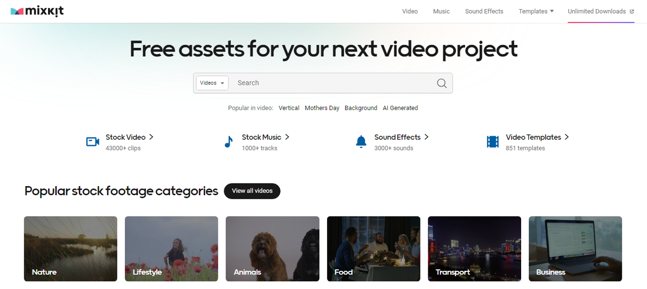 Mixkit page headed Free assets for your next video project, with search and Stock Video, Music, Effects, and Templates.