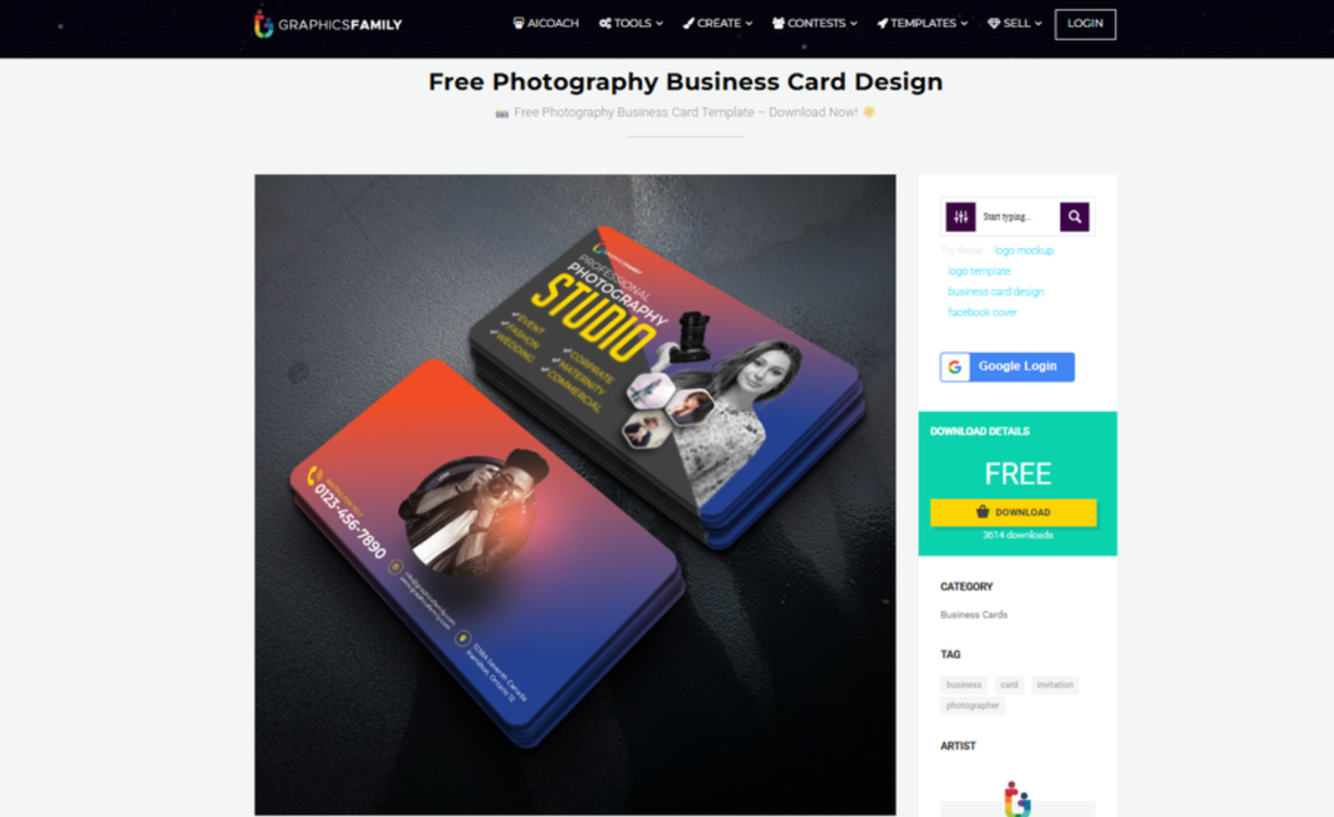 Oberfläche von GraphicsFamily - eine weitere Seite zum Herunterladen von Visitenkartenvorlagen