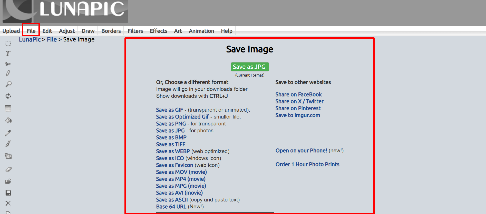 Downloading the image from the online image editor Lunapic