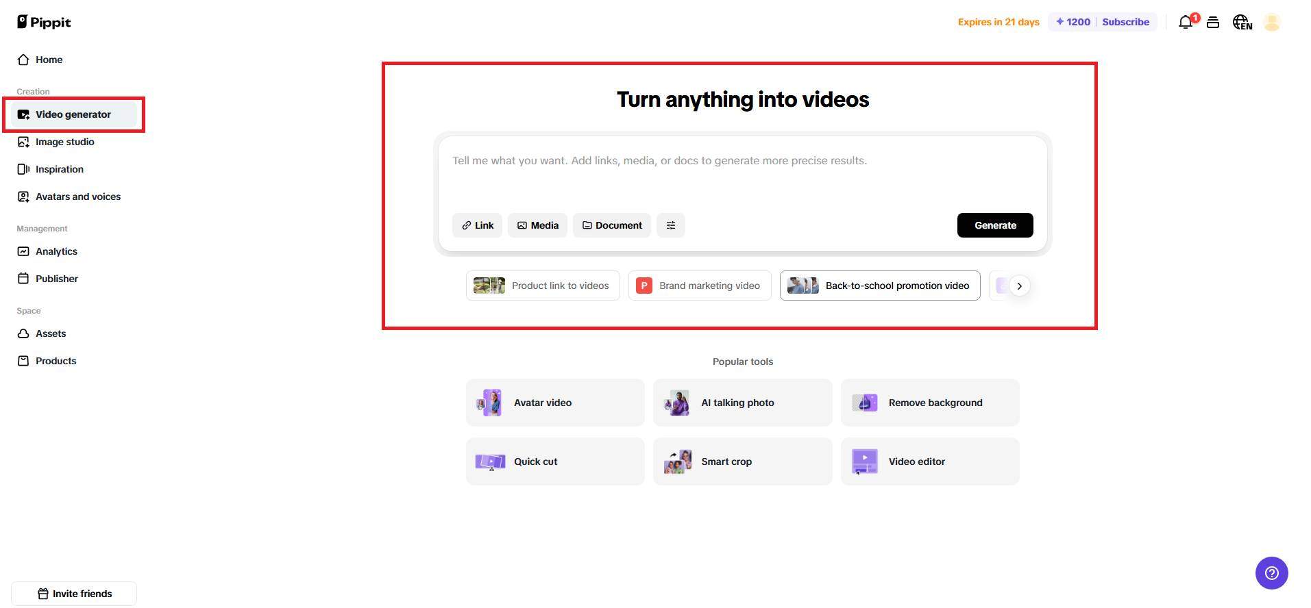 Access Pippit's video generator
