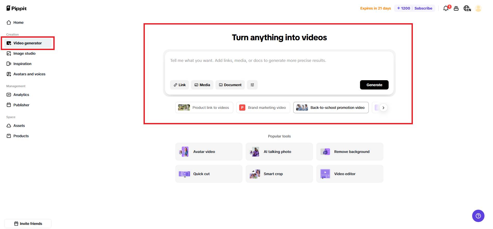 Access Pippit's video generator