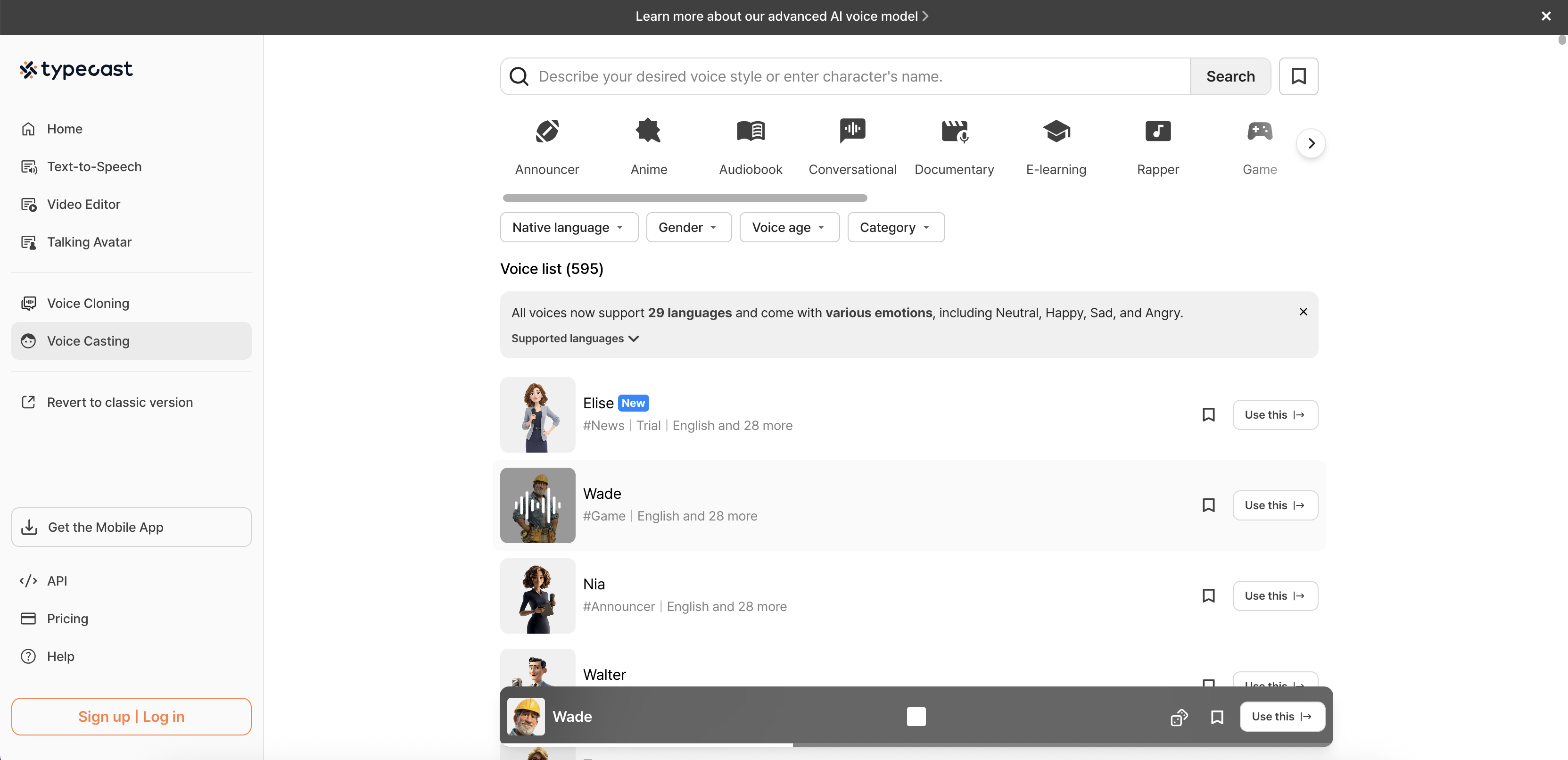 Gerador de narração de voz da Typecast AI