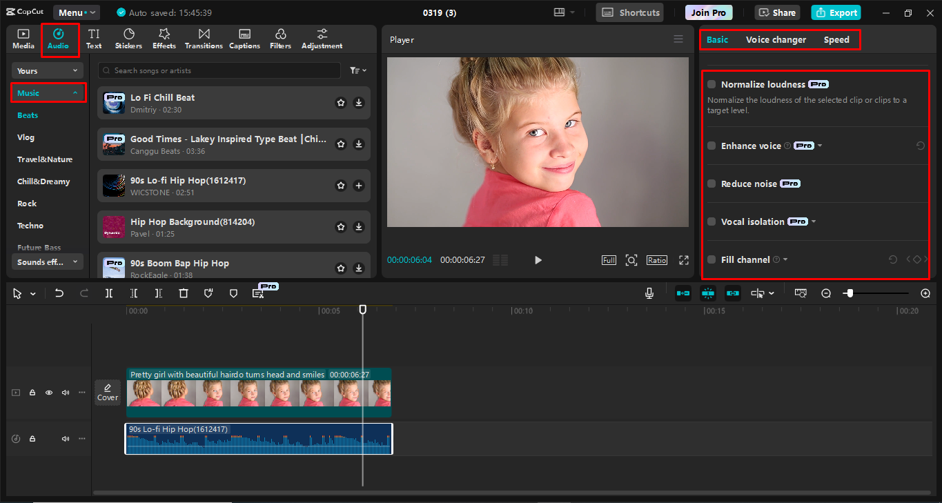 Adjusting the song using the CapCut desktop video editor