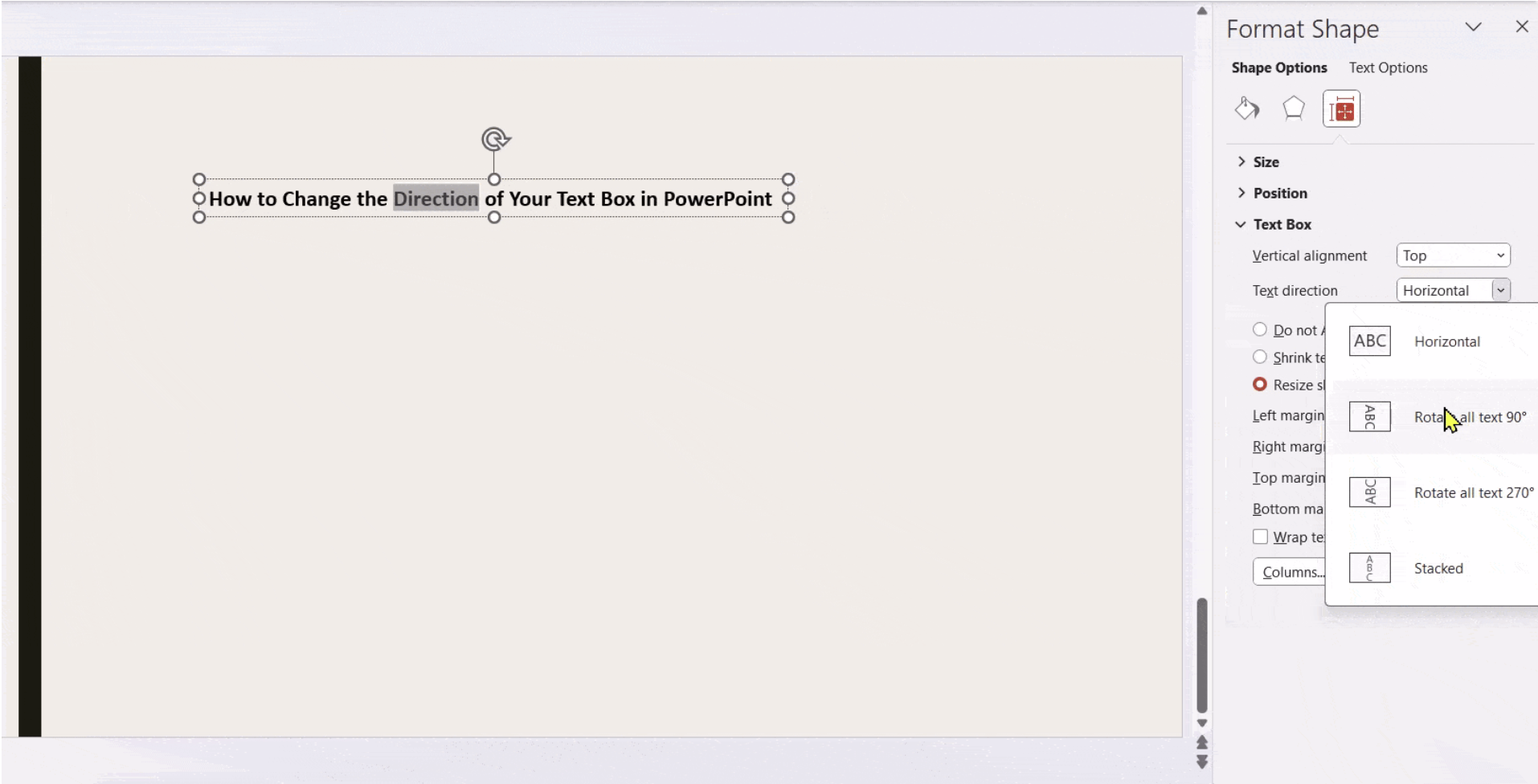 Locate text direction settings