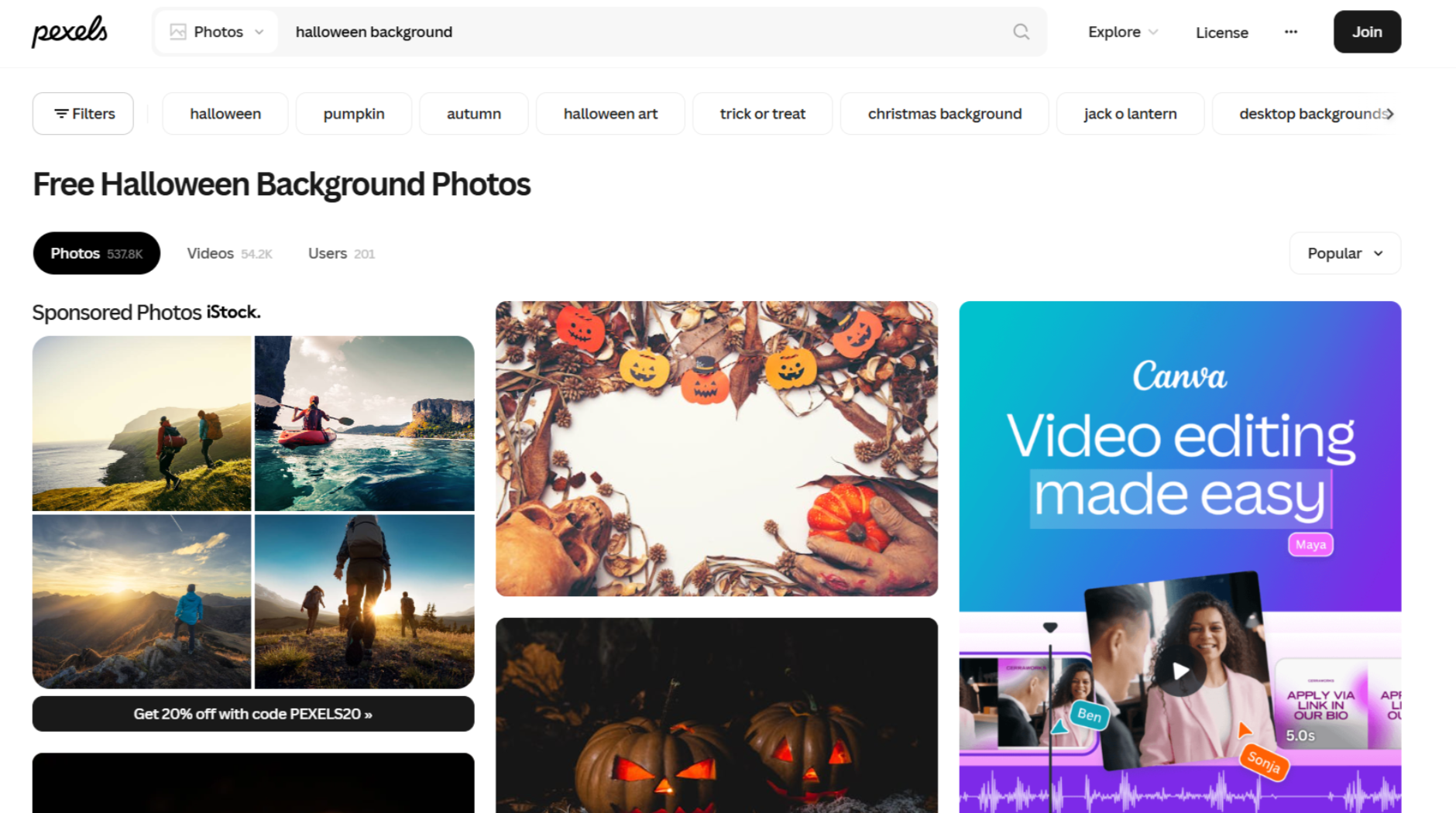 Interface of Pexels - an online resource for cute Halloween backgrounds