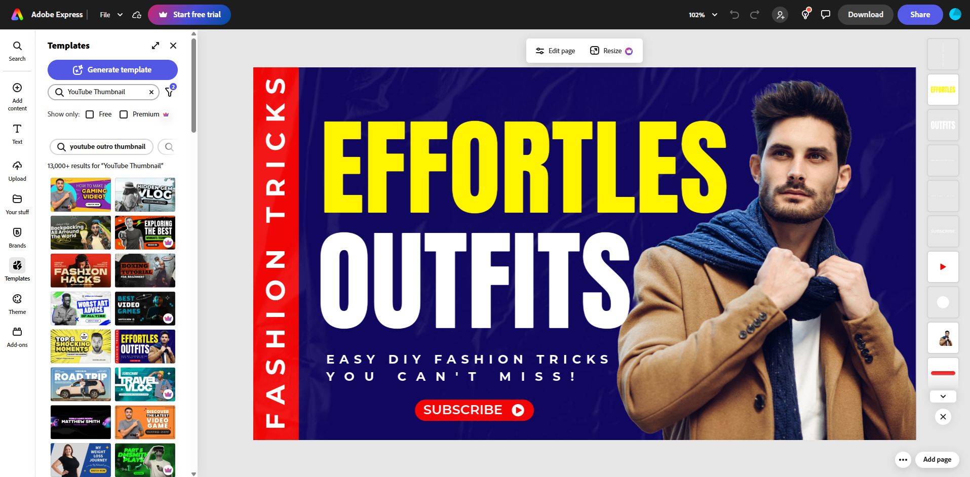 Interface of Adobe Express - an online tool to edit thumbnail templates