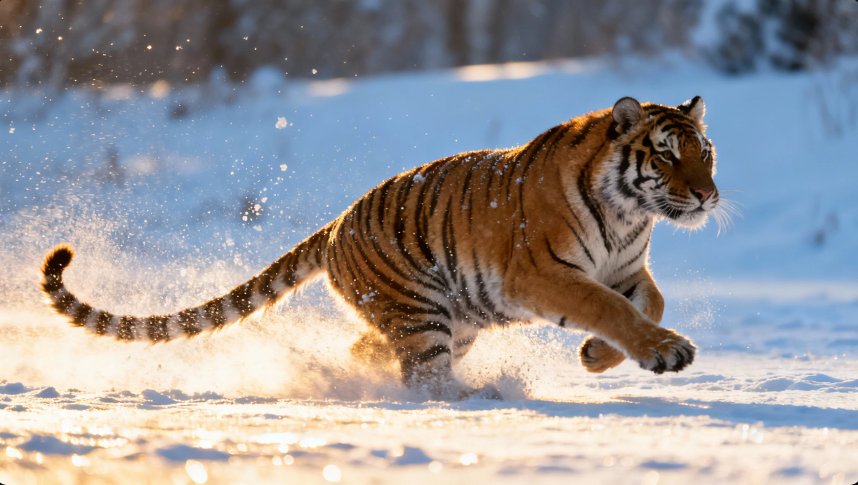 A tiger running in the snow