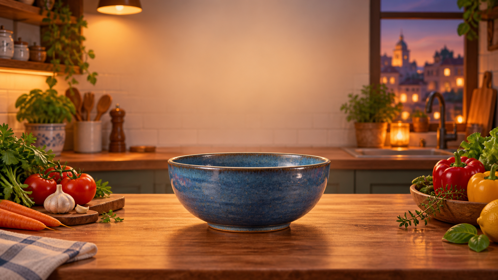 An original home-cooking banner scene with a ceramic bowl in the center and open title space