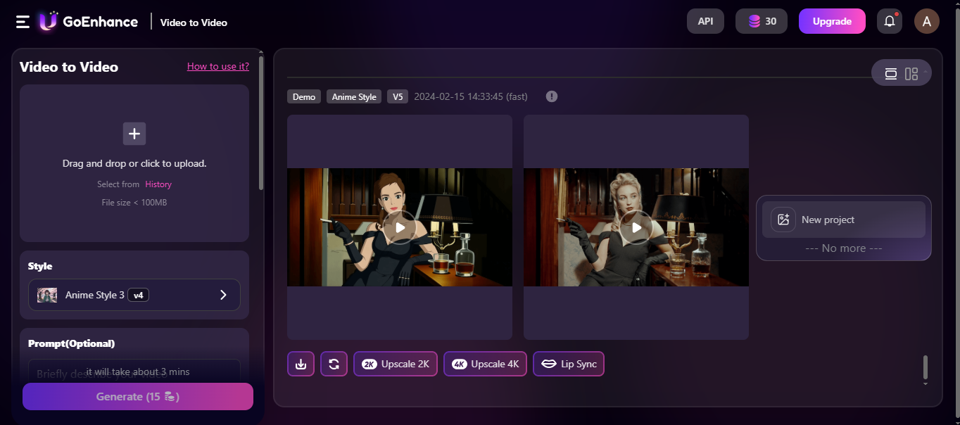 Interface of GoEnhance AI - an effective video cartoonizer