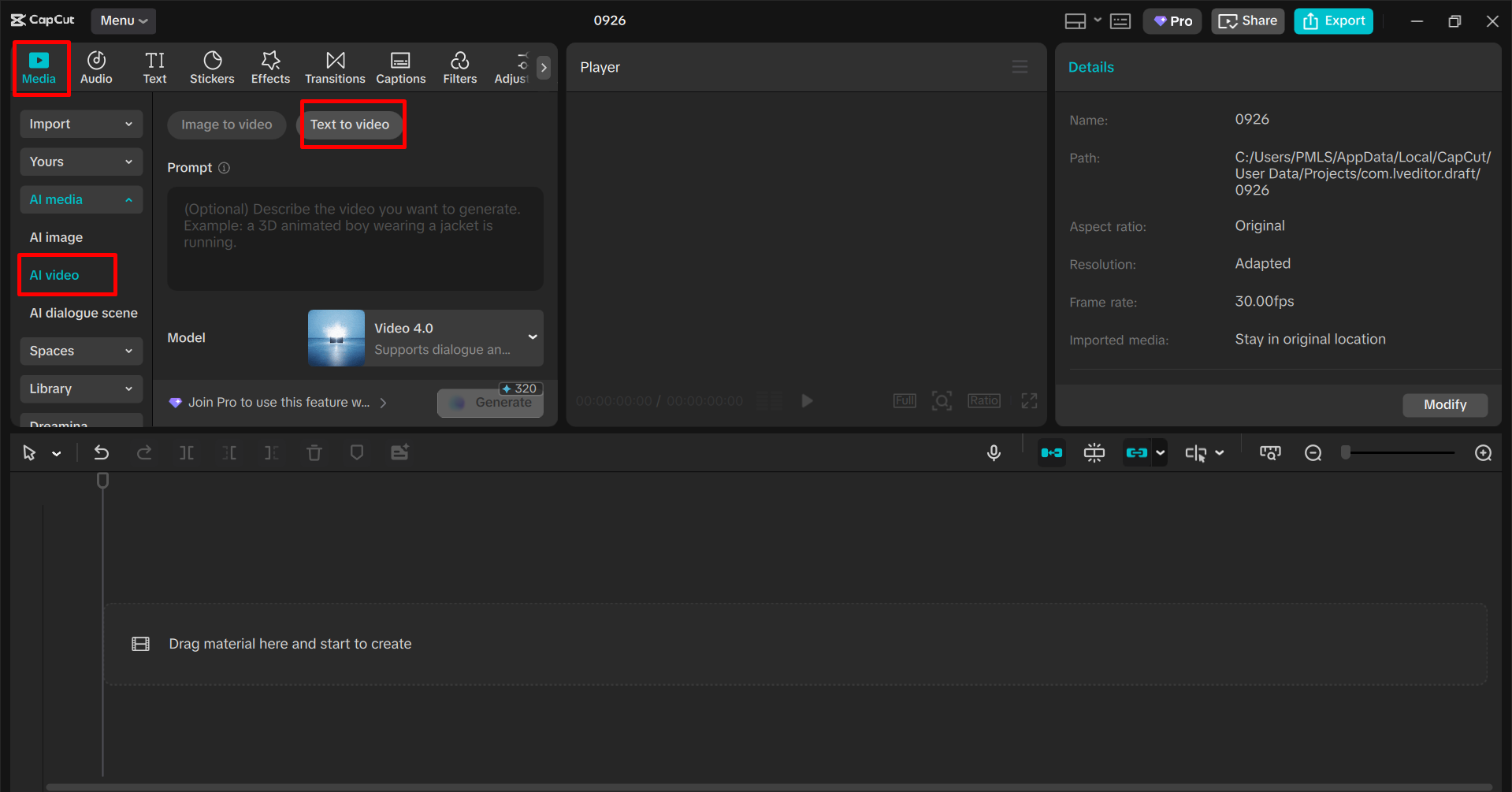 Accessing the text-to-video feature in the CaCut desktop video editor