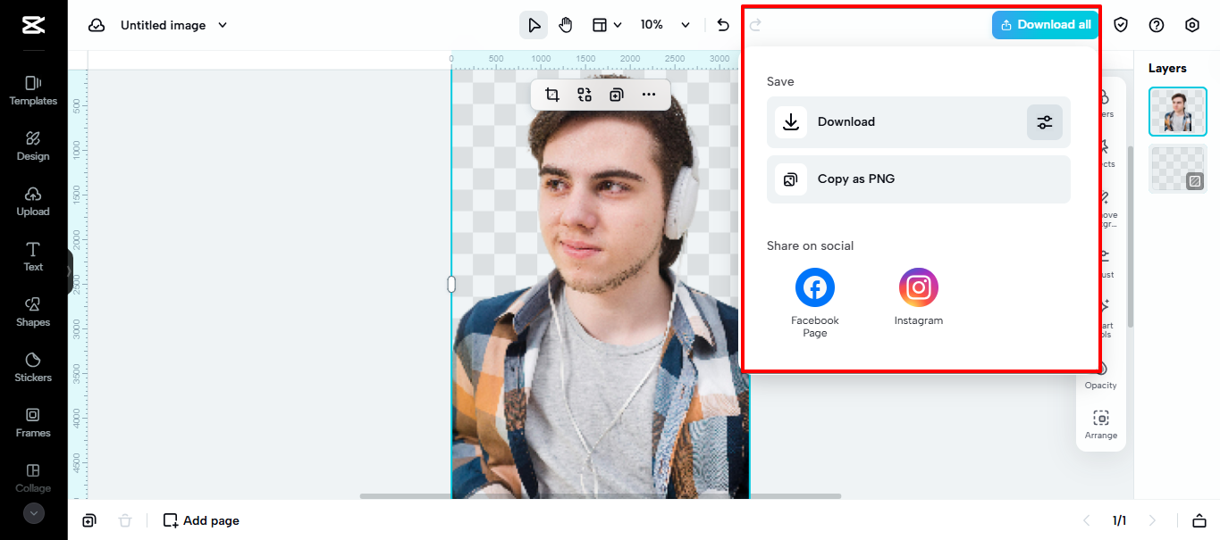 Exporting image from CapCut Web