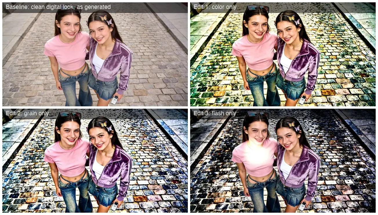 Two smiling young women pose on a cobblestone street in a four-panel style layout