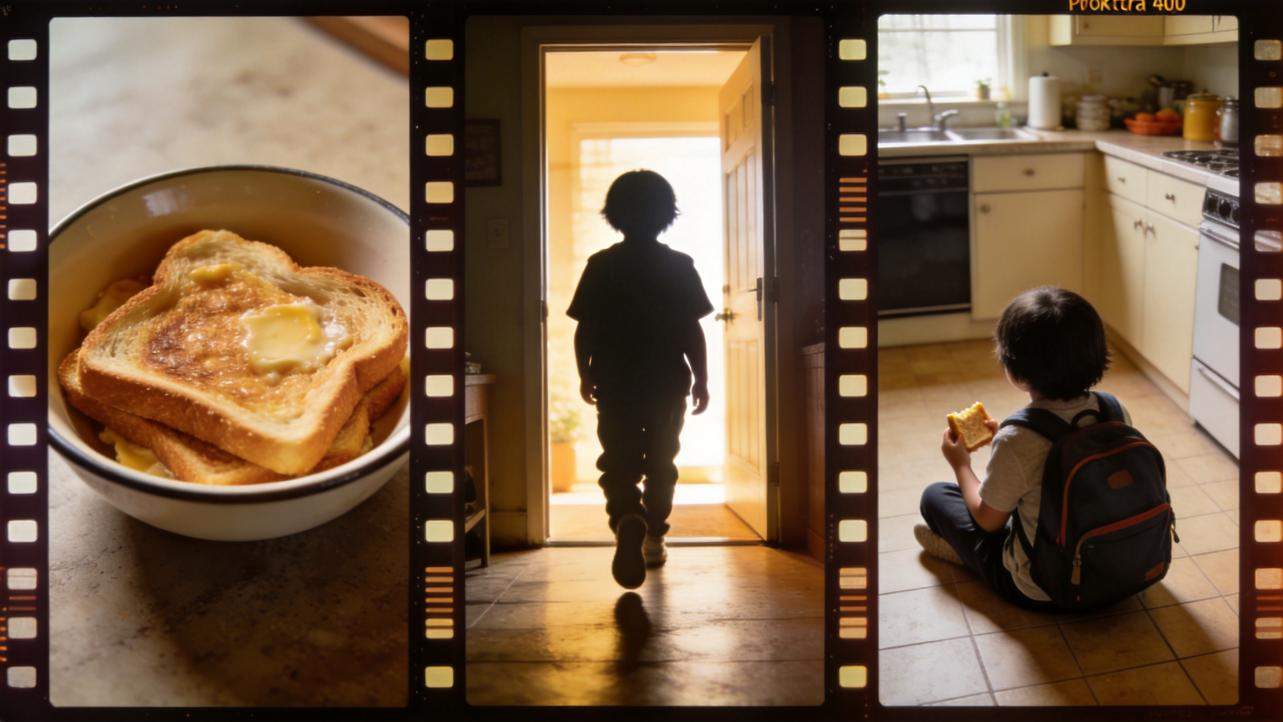 Filmstrip collage of toast breakfast, child walking out the door, and child eating in the kitchen