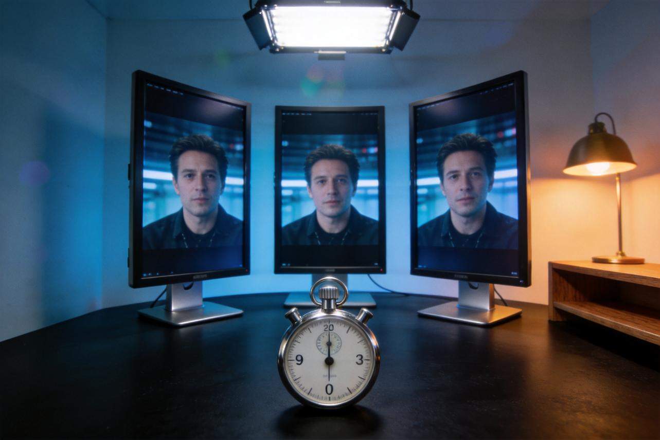 Three monitors show the same man, with a stopwatch in front on a desk