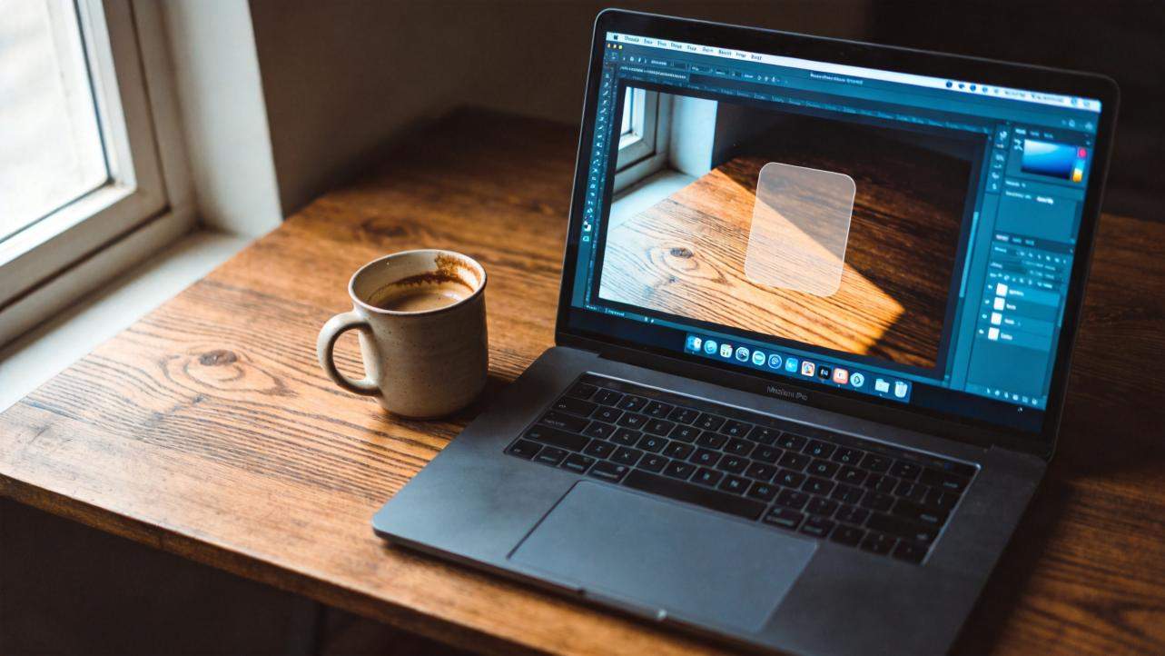 Laptop editing a photo of a wooden table with a highlighted area for inpainting