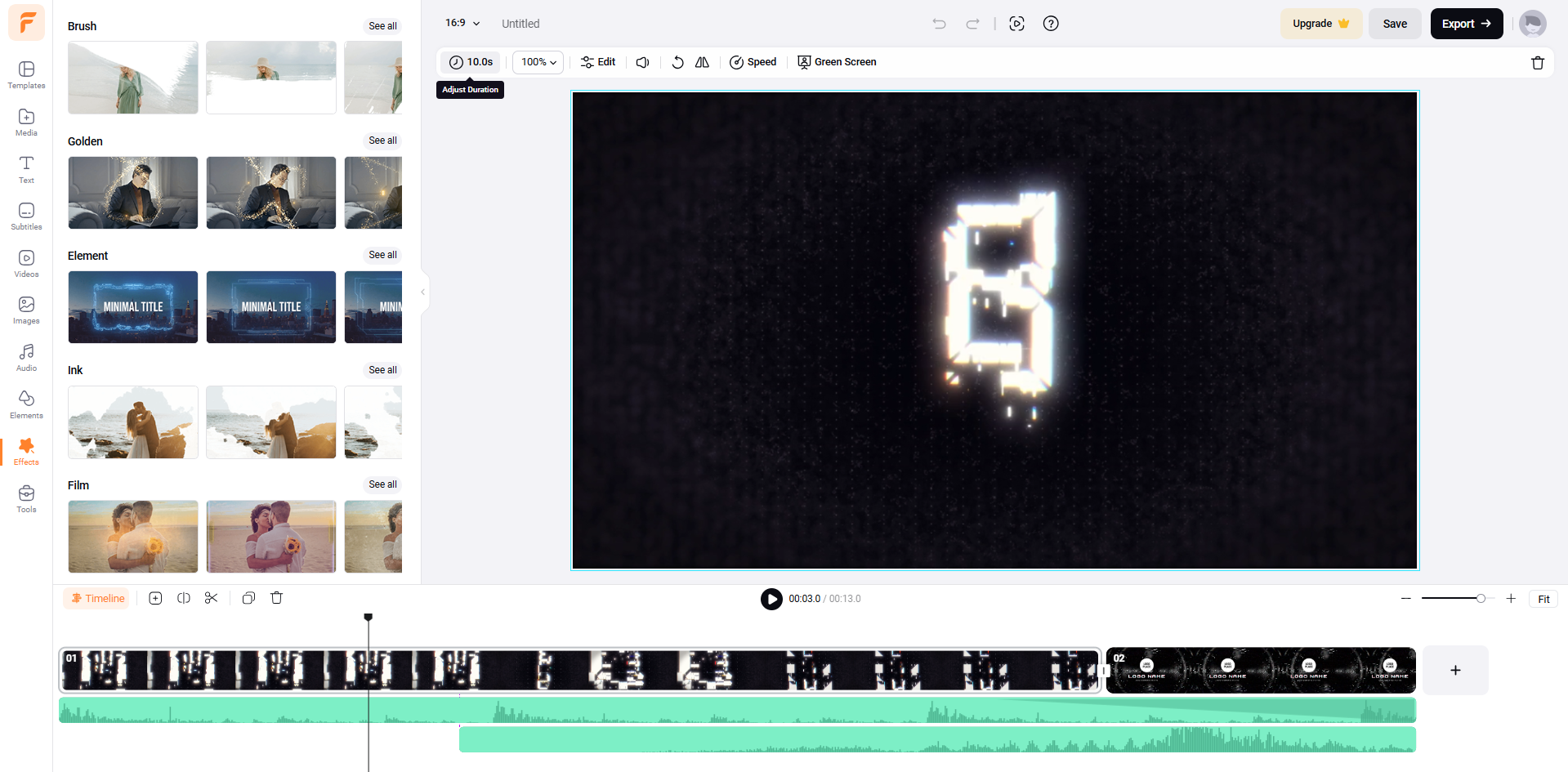 Interface of FlexClip - another free tool to use glitch effect online