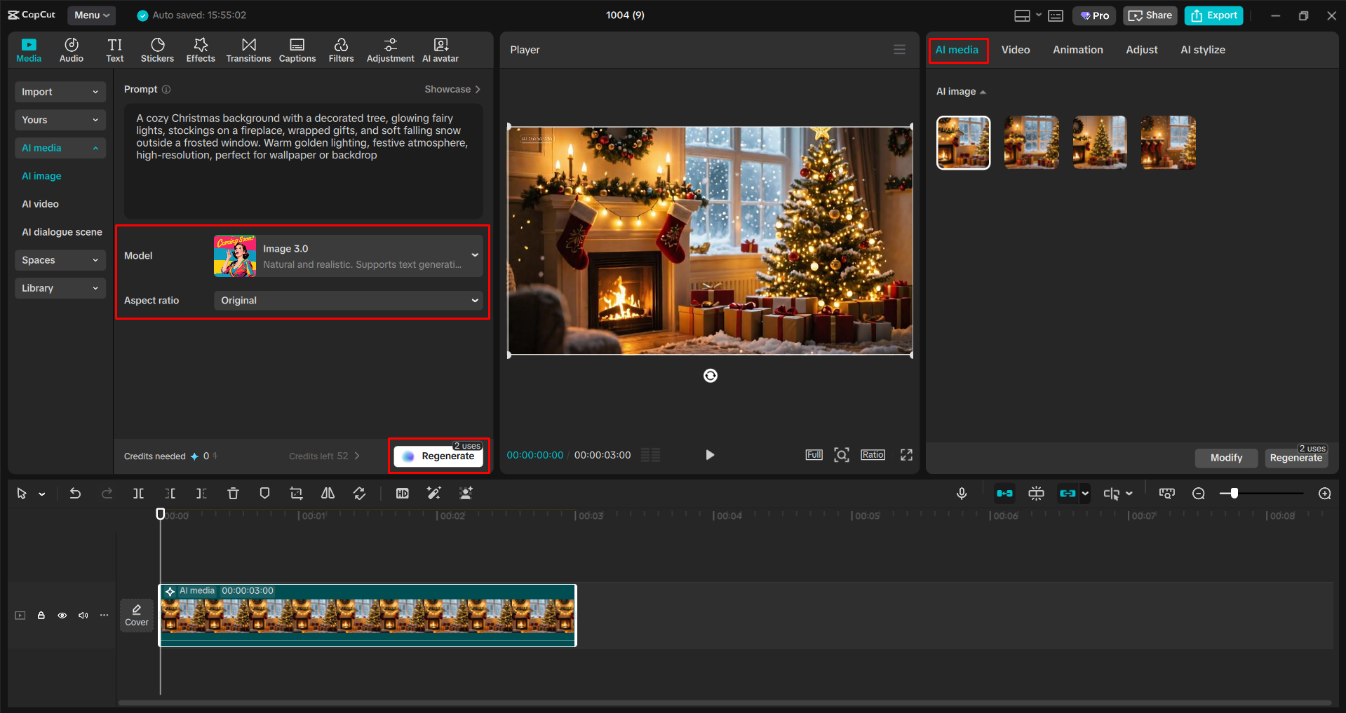 Generating a Christmas background with CapCut's AI image tool