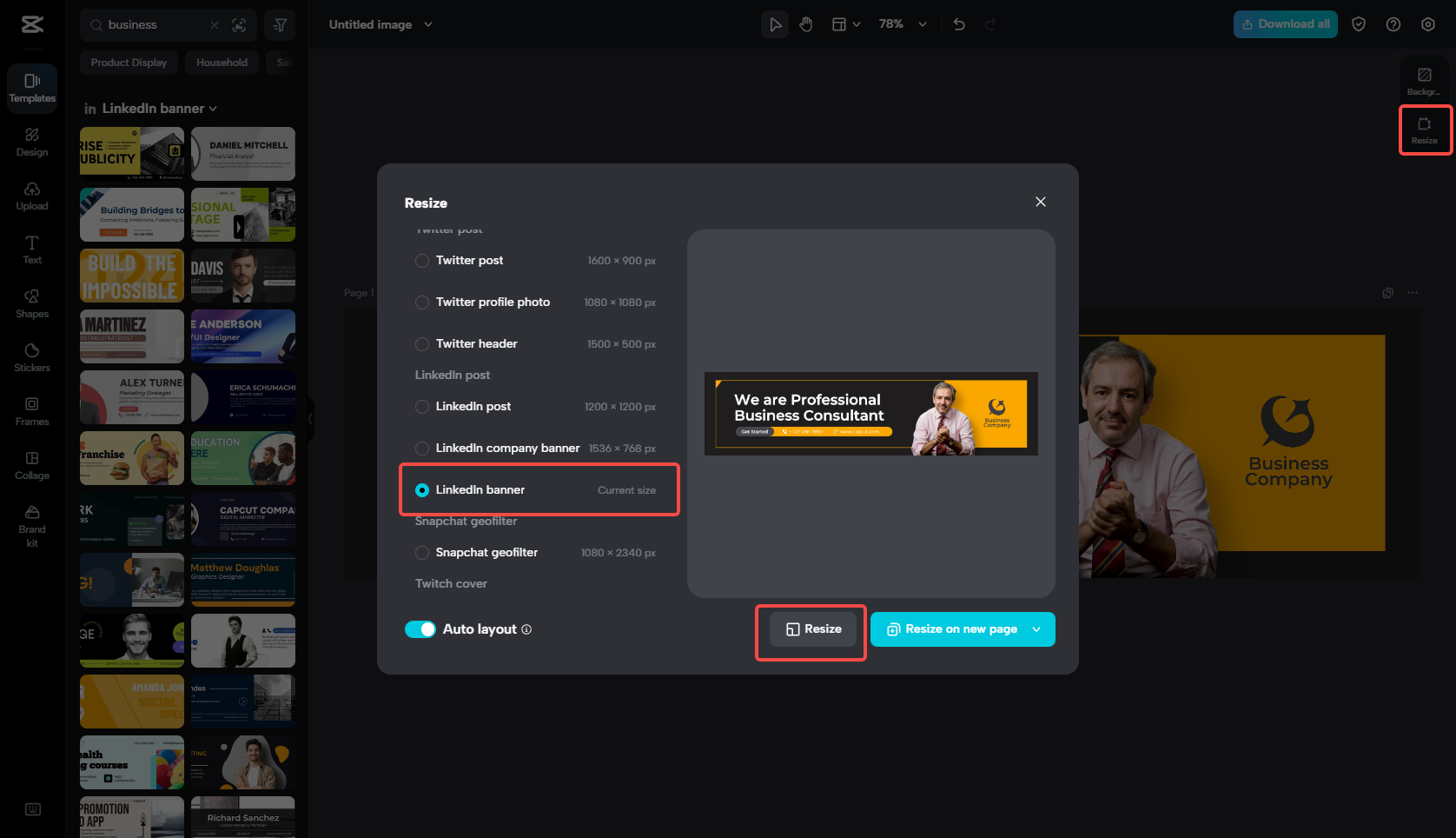 Cambia el tamaño del lienzo para el banner de LinkedIn