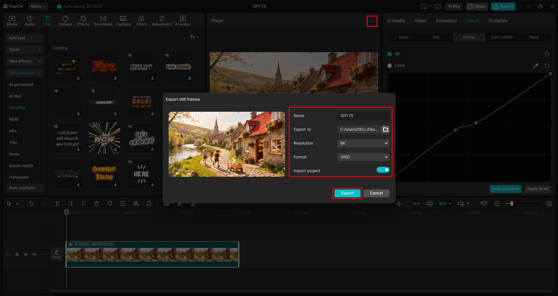 Exporting the image from the CapCut desktop video editor